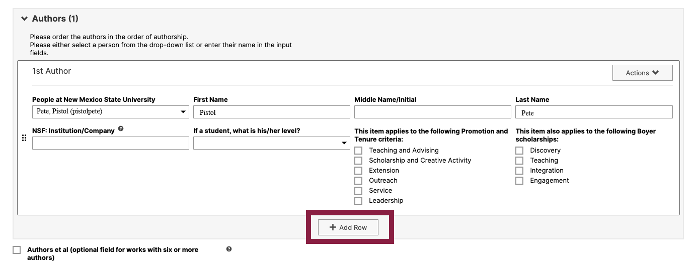 Screenshot of the Author fields with the "+Add Row" button highlighted.