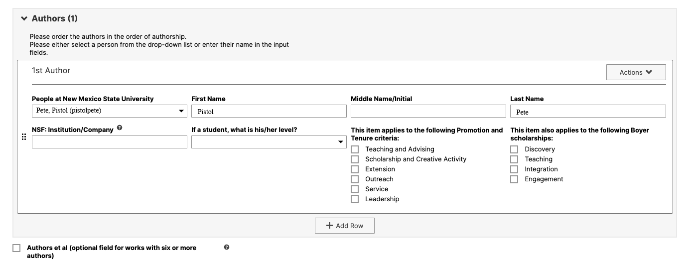 Screenshot of the Author fields. 