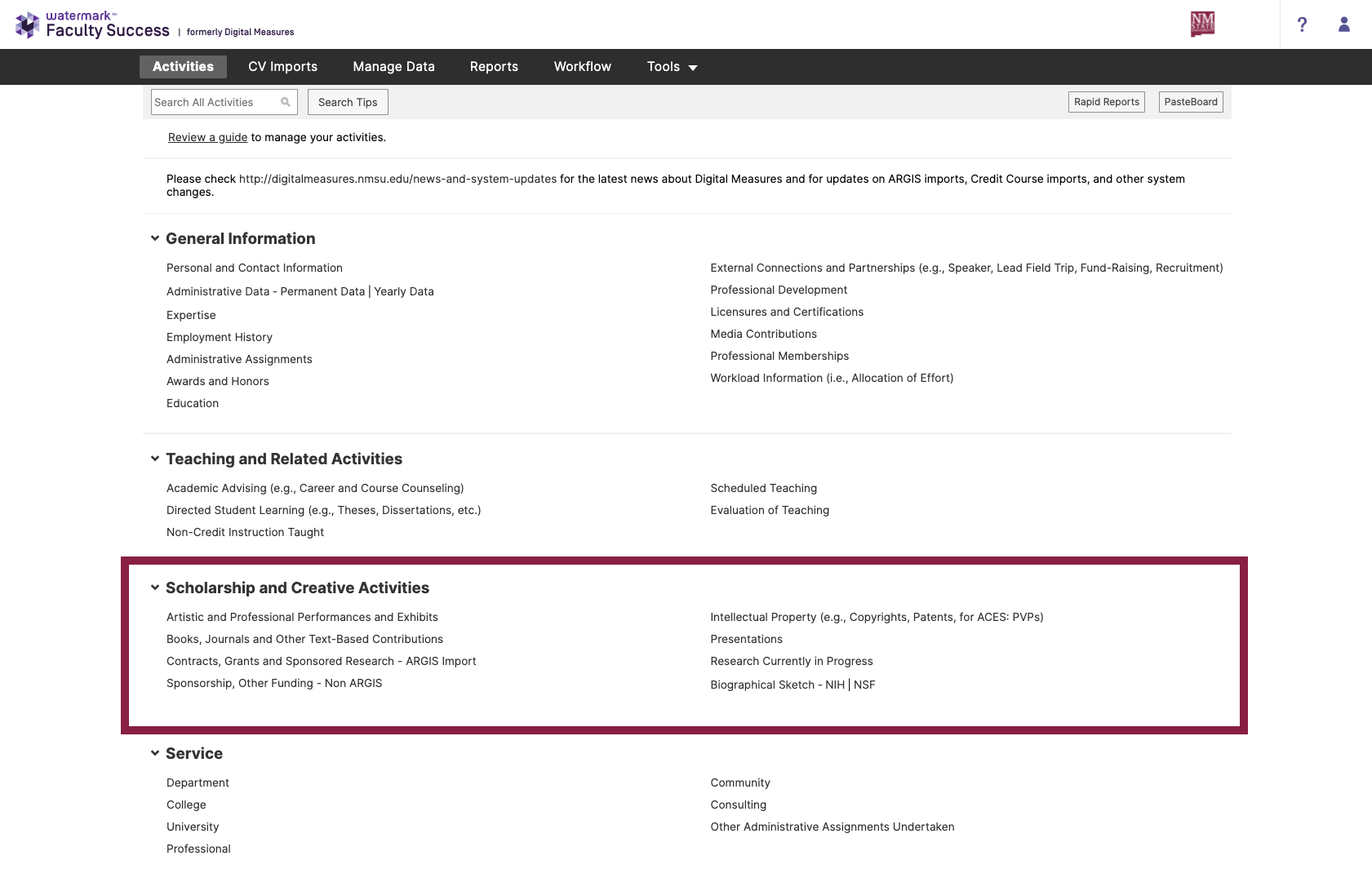 Screenshot of Watermark Faculty Success Activities page highlighting the Scholarship and Creative area.