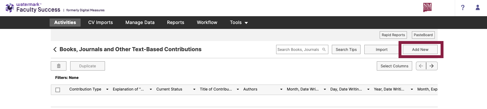 Screenshot of Watermark Faculty Success Books, Journals, and Other Text-Based Contributions page with the "Add New" button highlighted.