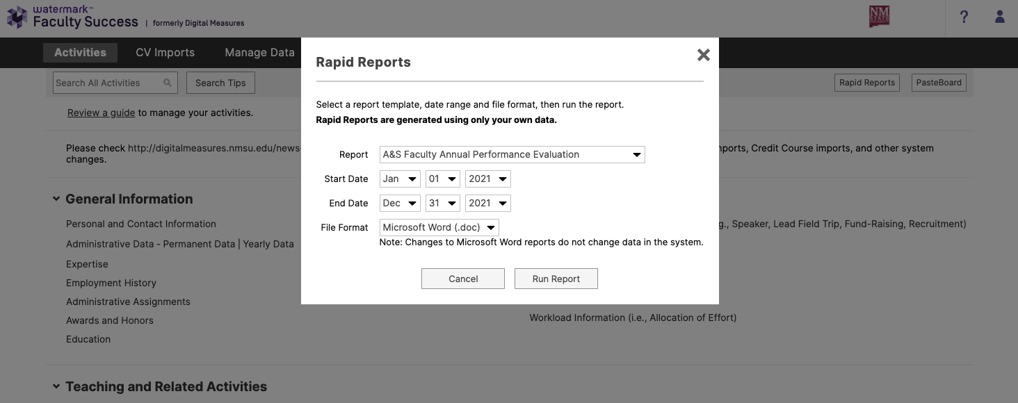 Screenshot of Rapid Reports options.