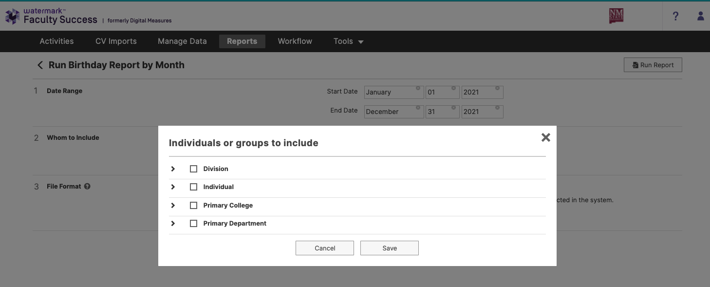 Screenshot of Watermark Faculty Success Run Report screen to select individuals or groups to include in the report.