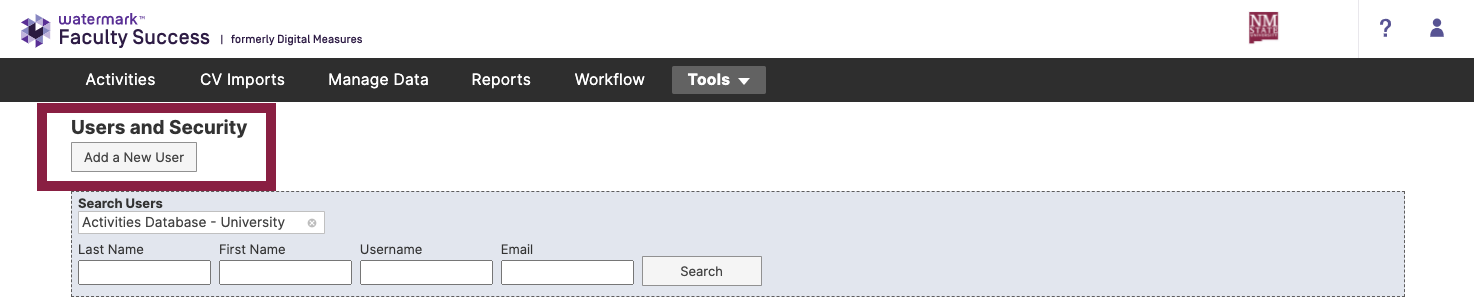 Screenshot of Watermark Faculty Success Users adn Security page, highlighting the "Add a new user" button. 