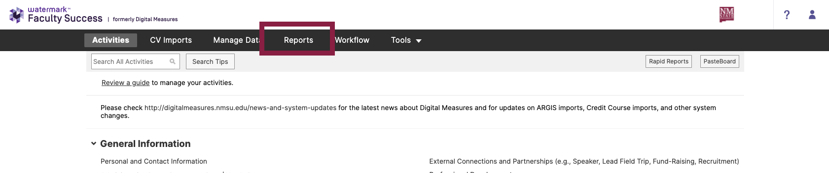 Screenshot of Watermark Faculty Success that hightlights the "Reports" option in the top navigation.