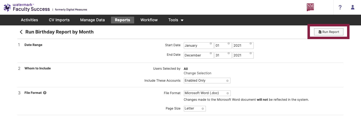 Screenshot of Watermark Faculty Success Run Birthday Report by Month screen highlighting the "Run Report" button.