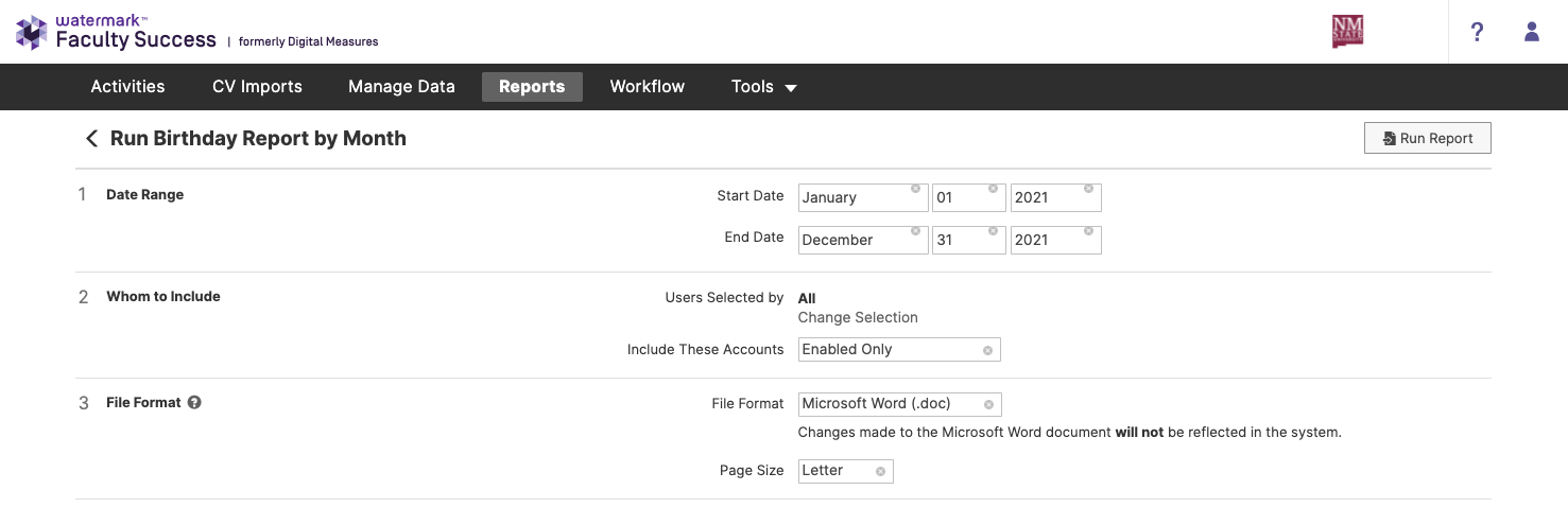 Screenshot of Watermark Faculty Success Run Birthday Report by Month screen.